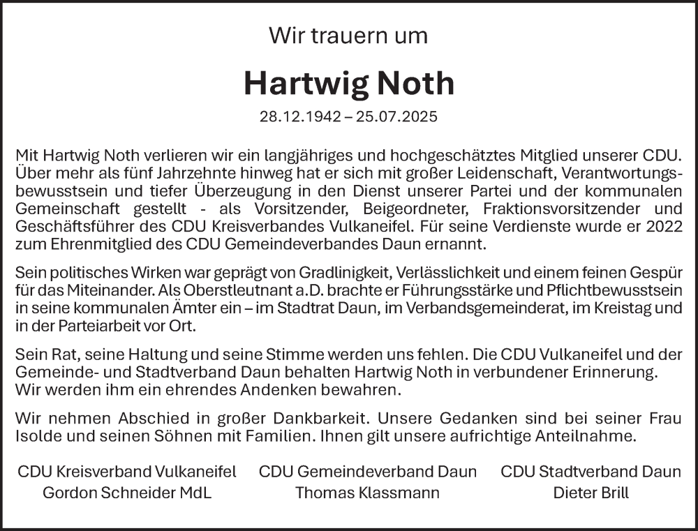  Traueranzeige für Hartwig Noth vom 02.08.2025 aus trierischer_volksfreund