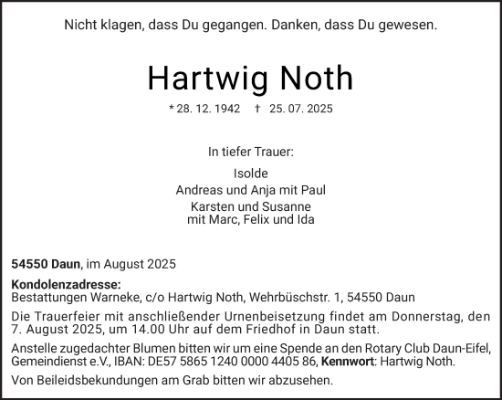 Traueranzeige von Hartwig Noth von trierischer_volksfreund
