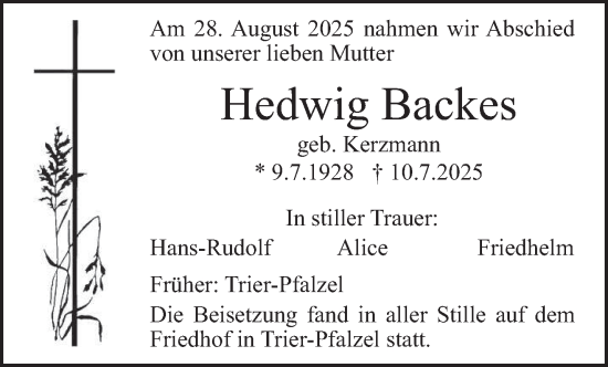 Traueranzeige von Hedwig Backes von trierischer_volksfreund