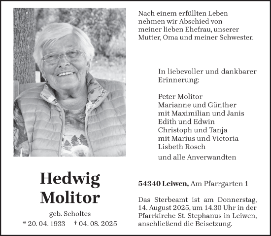 Traueranzeige von Hedwig Molitor von trierischer_volksfreund