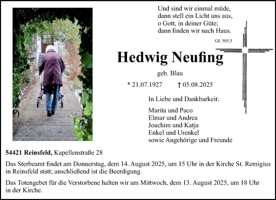 Traueranzeige von Hedwig Neufing von trierischer_volksfreund