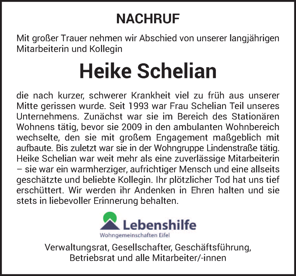 Traueranzeige für Heike Schelian vom 16.08.2025 aus trierischer_volksfreund