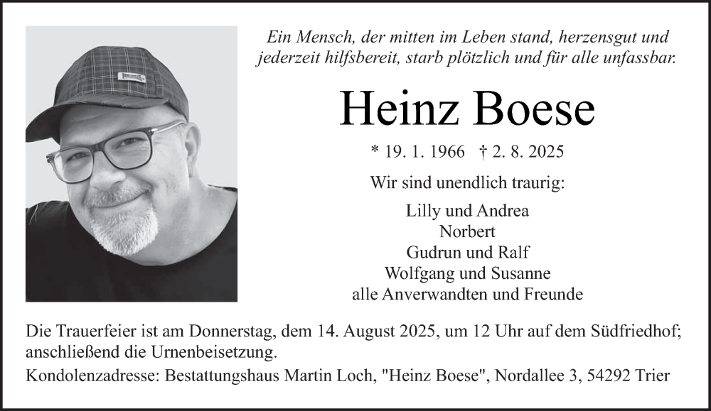  Traueranzeige für Heinz Boese vom 09.08.2025 aus trierischer_volksfreund