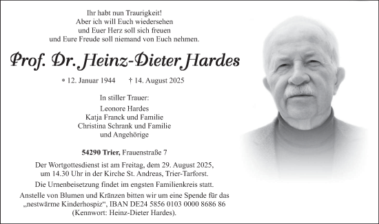 Traueranzeige von Heinz-Dieter Hardes von trierischer_volksfreund
