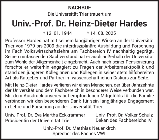 Traueranzeige von Heinz-Dieter Hardes von trierischer_volksfreund