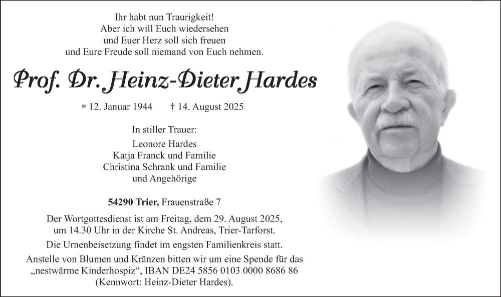  Traueranzeige für Heinz-Dieter Hardes vom 23.08.2025 aus trierischer_volksfreund