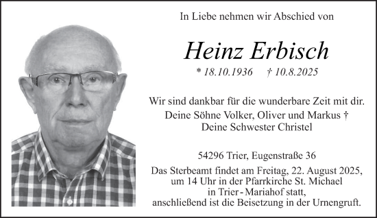 Traueranzeige von Heinz Erbisch von trierischer_volksfreund