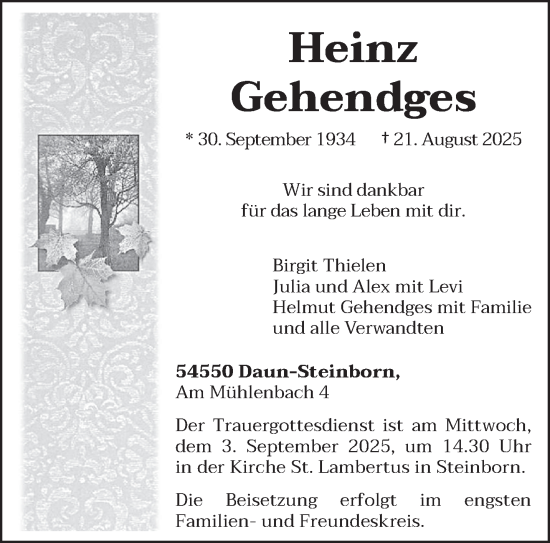 Traueranzeige von Heinz Gehendges von trierischer_volksfreund