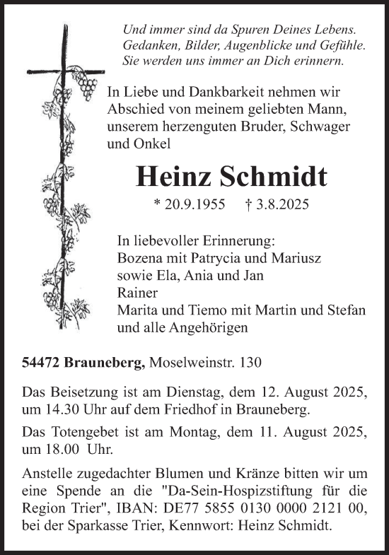 Traueranzeige von Heinz Schmidt von trierischer_volksfreund