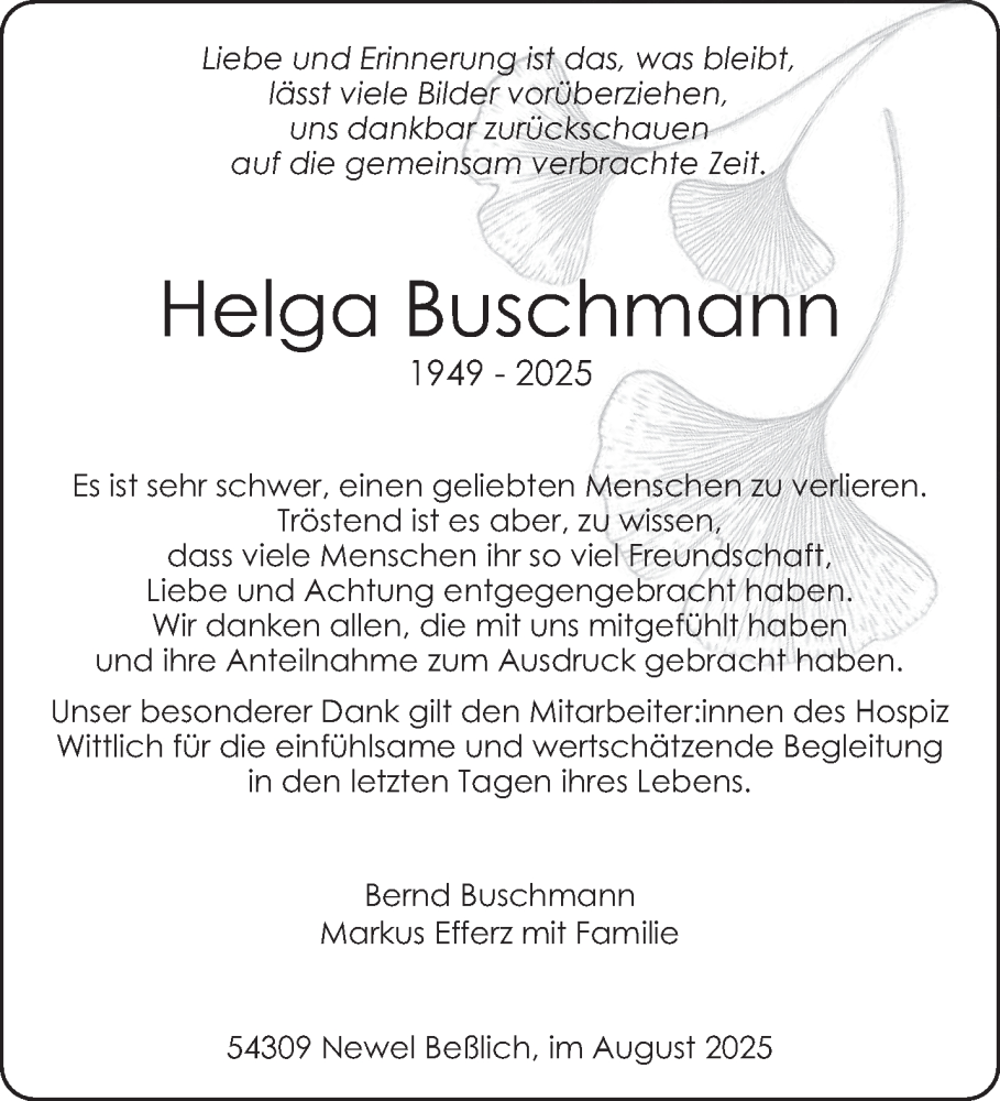  Traueranzeige für Helga Buschmann vom 06.08.2025 aus trierischer_volksfreund