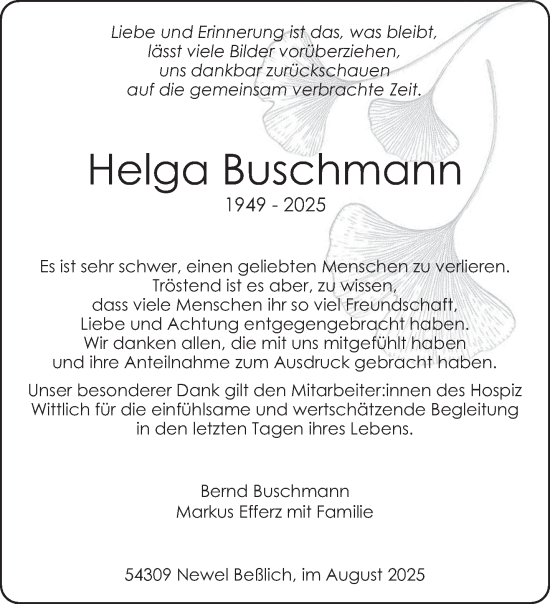 Traueranzeige von Helga Buschmann von trierischer_volksfreund