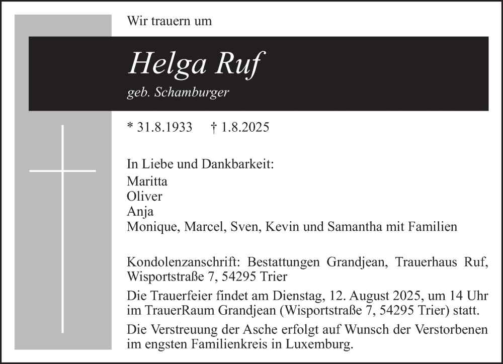  Traueranzeige für Helga Ruf vom 09.08.2025 aus trierischer_volksfreund