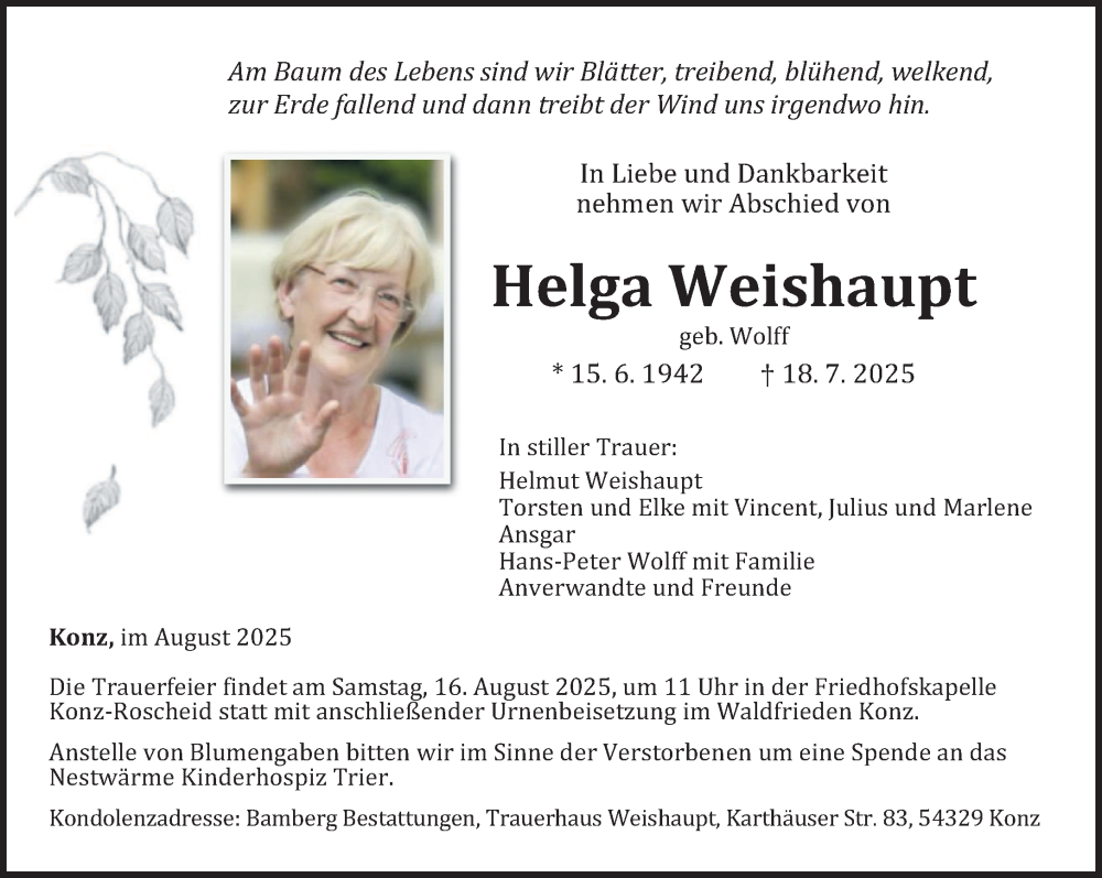  Traueranzeige für Helga Weishaupt vom 02.08.2025 aus trierischer_volksfreund
