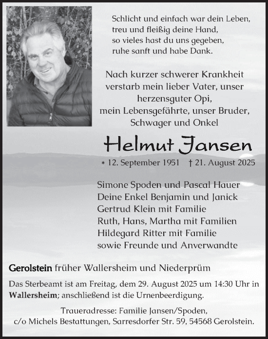 Traueranzeige von Helmut Jansen von trierischer_volksfreund