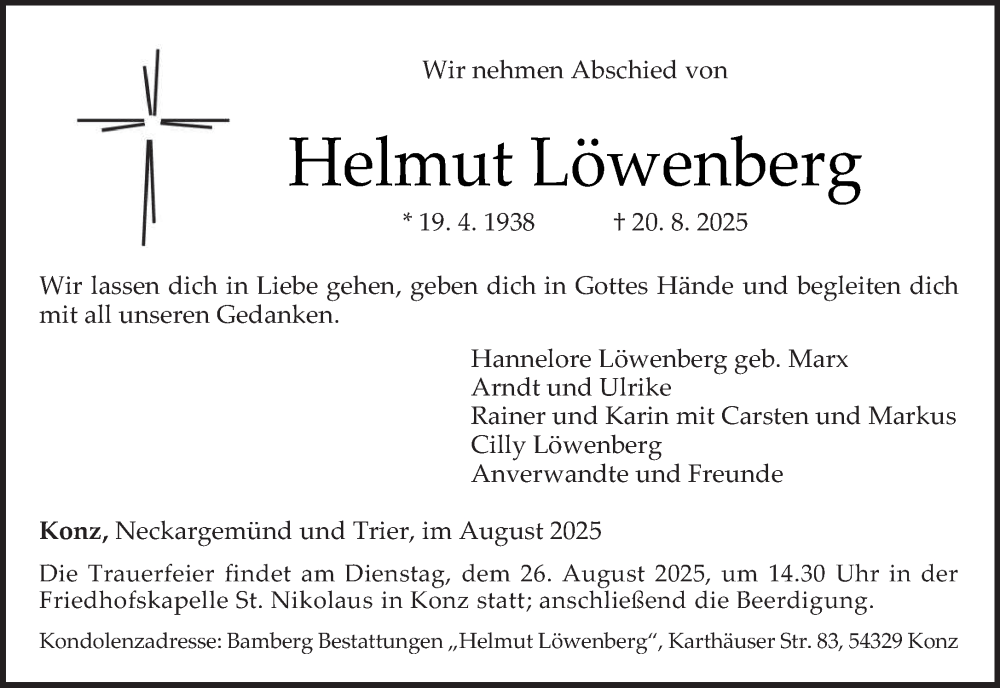  Traueranzeige für Helmut Löwenberg vom 23.08.2025 aus trierischer_volksfreund