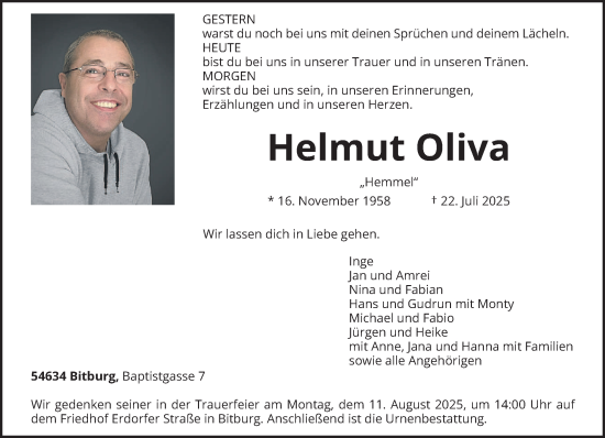 Traueranzeige von Helmut Oliva von trierischer_volksfreund