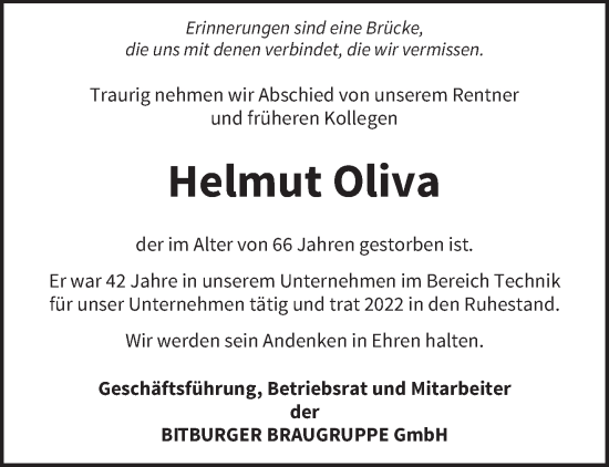 Traueranzeige von Helmut Oliva von trierischer_volksfreund