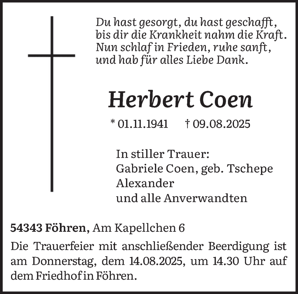  Traueranzeige für Herbert Coen vom 12.08.2025 aus trierischer_volksfreund