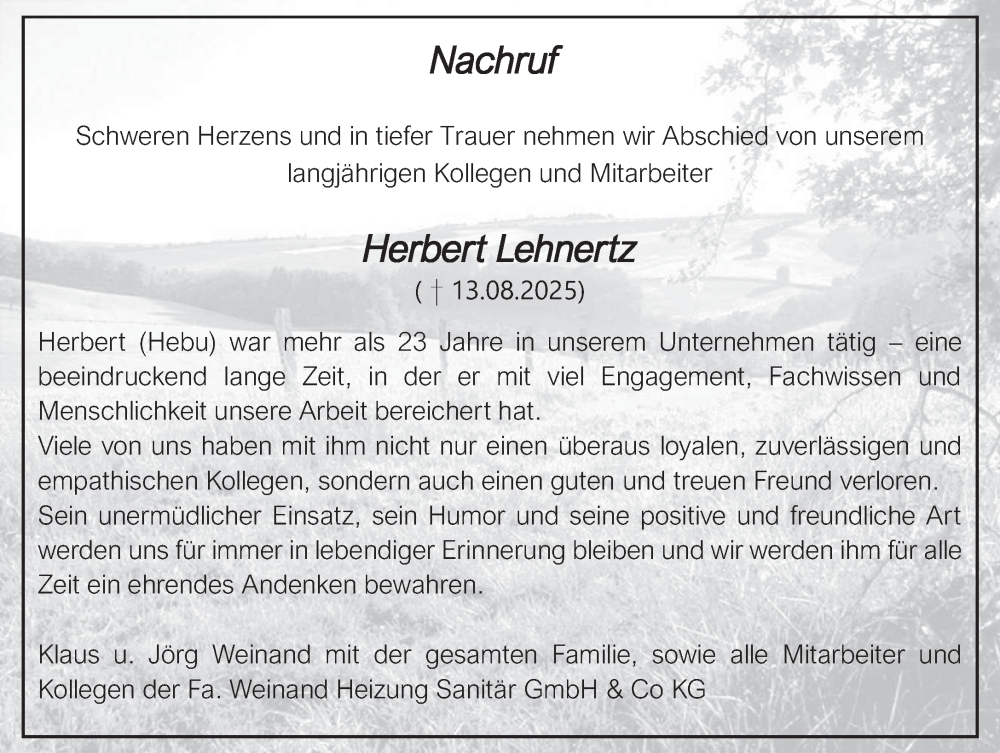  Traueranzeige für Herbert Lehnertz vom 30.08.2025 aus trierischer_volksfreund