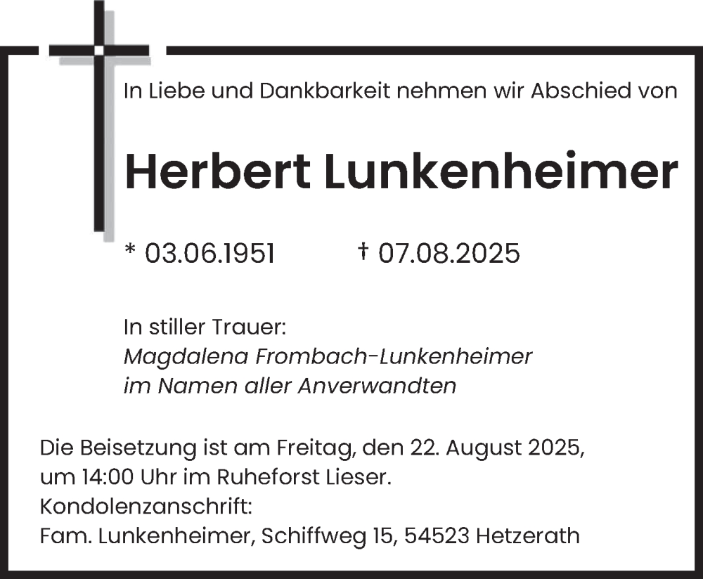  Traueranzeige für Herbert Lunkenheimer vom 16.08.2025 aus trierischer_volksfreund