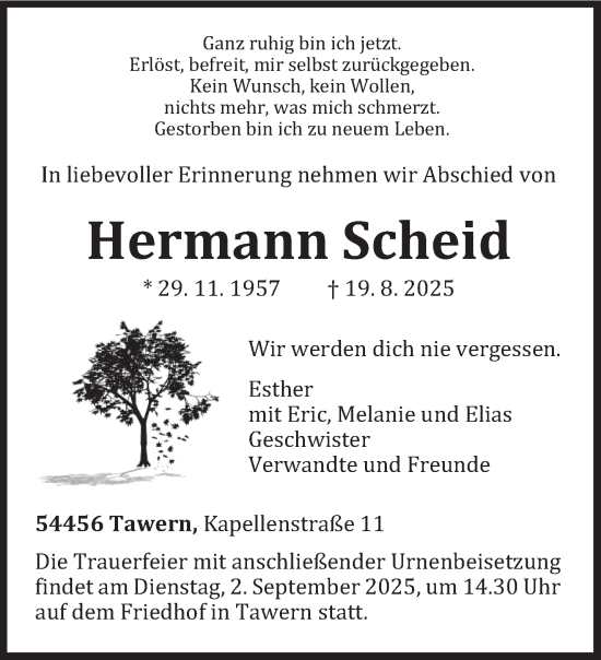 Traueranzeige von Hermann Scheid von trierischer_volksfreund