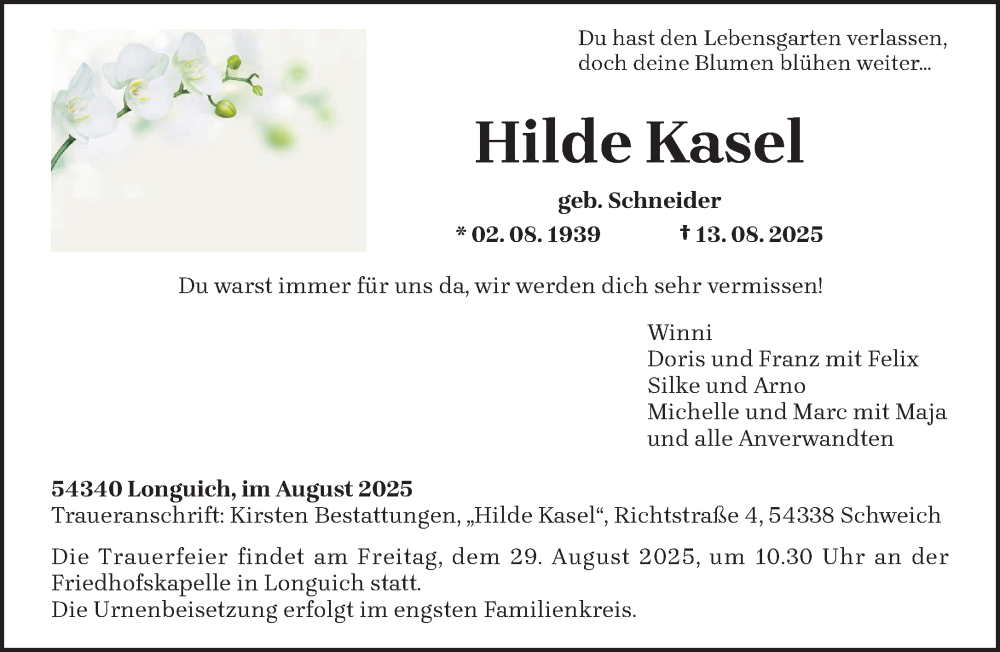  Traueranzeige für Hilde Kasel vom 23.08.2025 aus trierischer_volksfreund