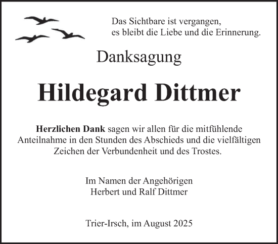 Traueranzeige von Hildegard Dittmer von trierischer_volksfreund