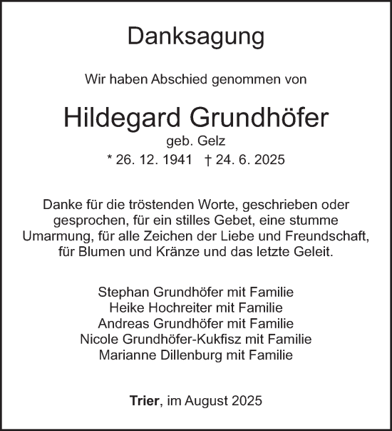 Traueranzeige von Hildegard Grundhöfer von trierischer_volksfreund