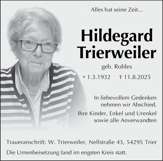 Traueranzeige von Hildegard Trierweiler von trierischer_volksfreund