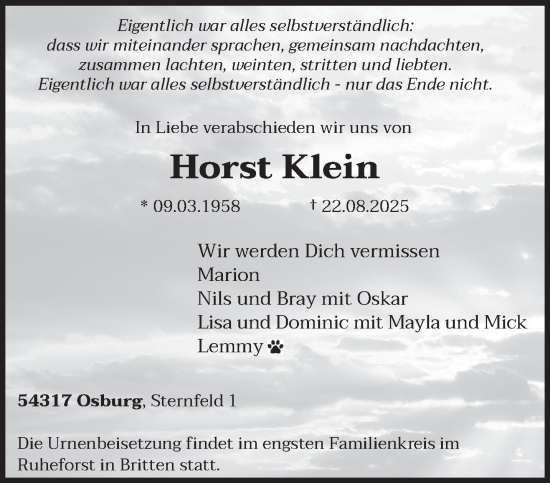 Traueranzeige von Horst Klein von trierischer_volksfreund