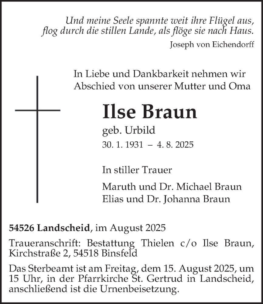  Traueranzeige für Ilse Braun vom 09.08.2025 aus trierischer_volksfreund