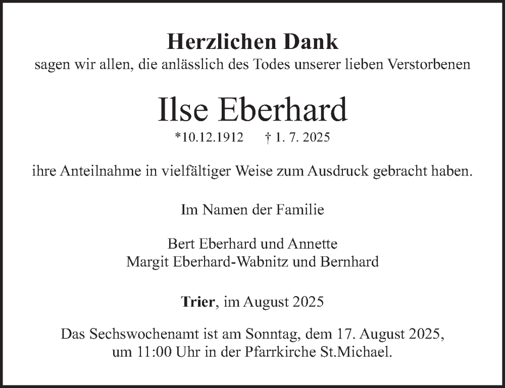  Traueranzeige für Ilse Eberhard vom 09.08.2025 aus trierischer_volksfreund