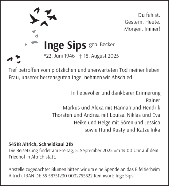 Traueranzeige von Inge Sips von trierischer_volksfreund
