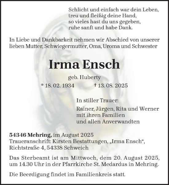 Traueranzeige von Irma Ensch von trierischer_volksfreund