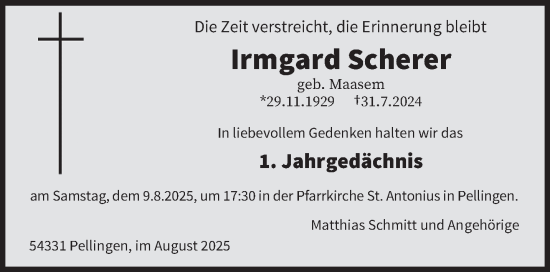 Traueranzeige von Irmgard Scherer von trierischer_volksfreund