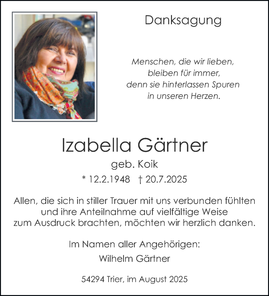  Traueranzeige für Izabella Gärtner vom 23.08.2025 aus trierischer_volksfreund