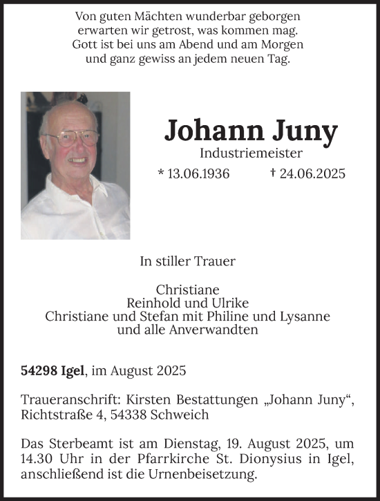 Traueranzeige von Johann Juny von trierischer_volksfreund