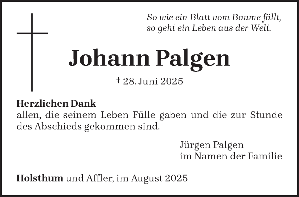  Traueranzeige für Johann Palgen vom 02.08.2025 aus trierischer_volksfreund