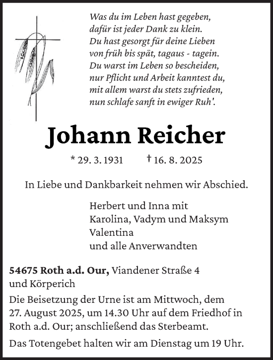 Traueranzeige von Johann Reicher von trierischer_volksfreund
