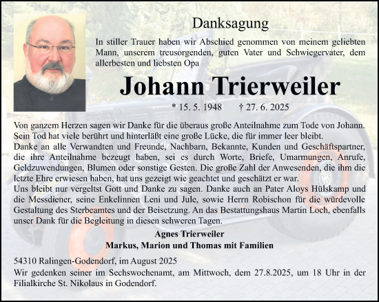 Traueranzeige von Johann Trierweiler von trierischer_volksfreund