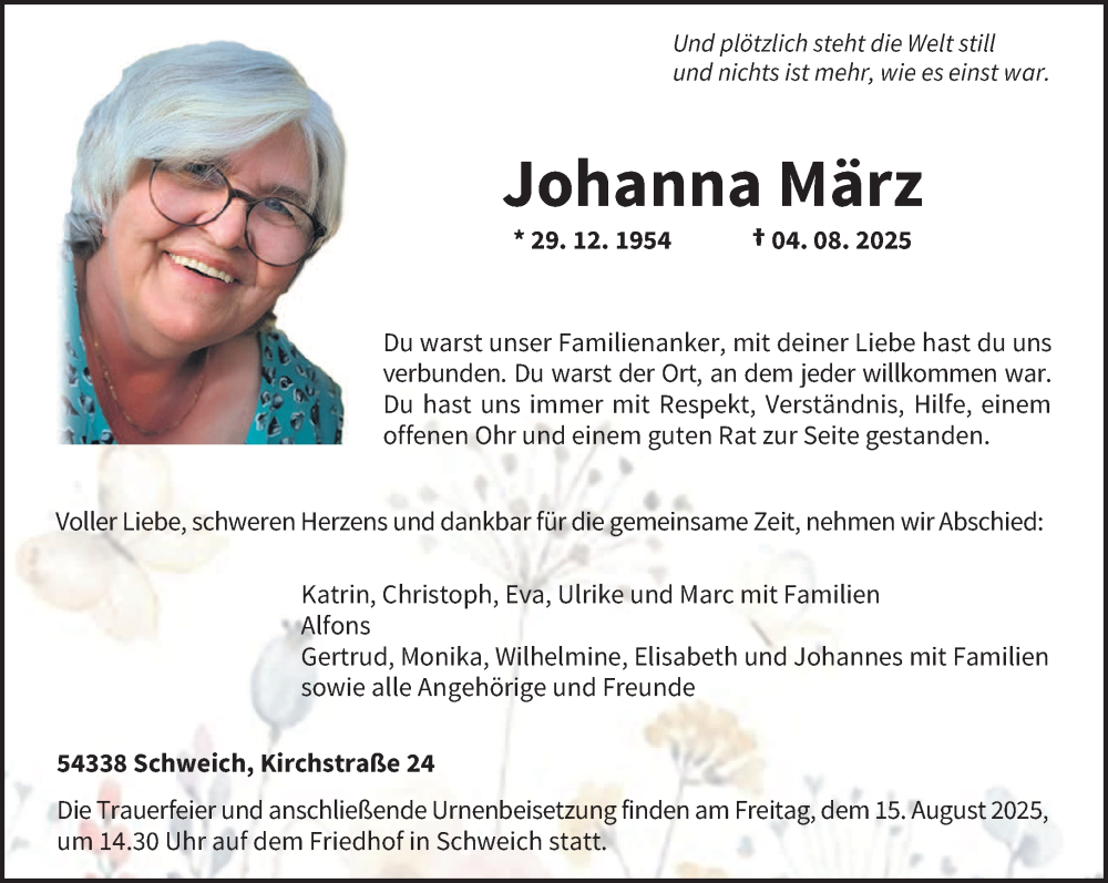  Traueranzeige für Johanna März vom 09.08.2025 aus trierischer_volksfreund