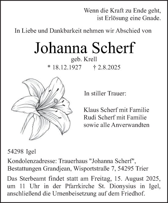 Traueranzeige von Johanna Scherf von trierischer_volksfreund