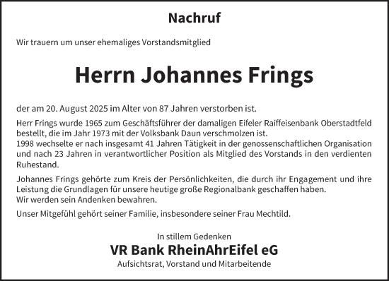 Traueranzeige von Johannes Frings von trierischer_volksfreund