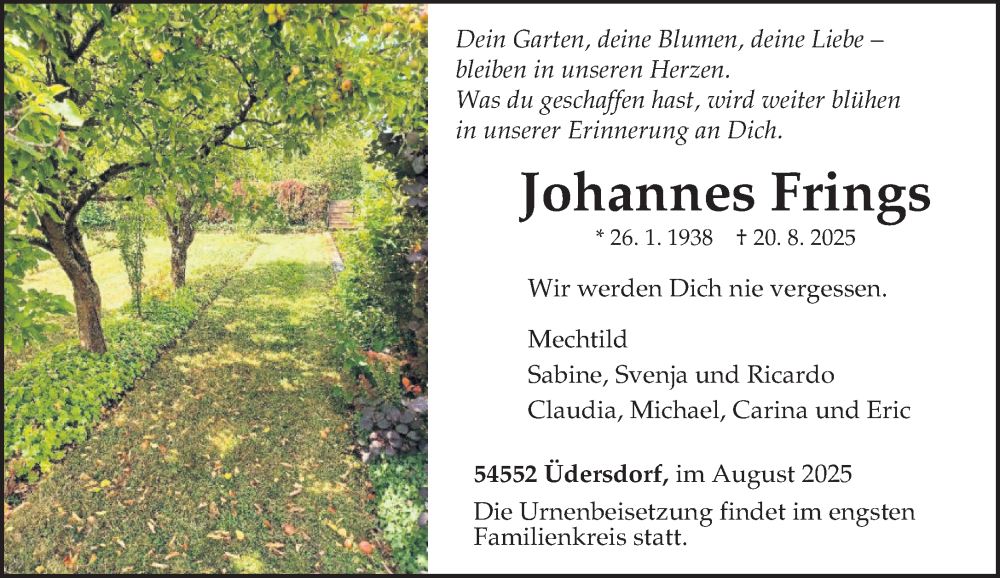  Traueranzeige für Johannes Frings vom 27.08.2025 aus trierischer_volksfreund