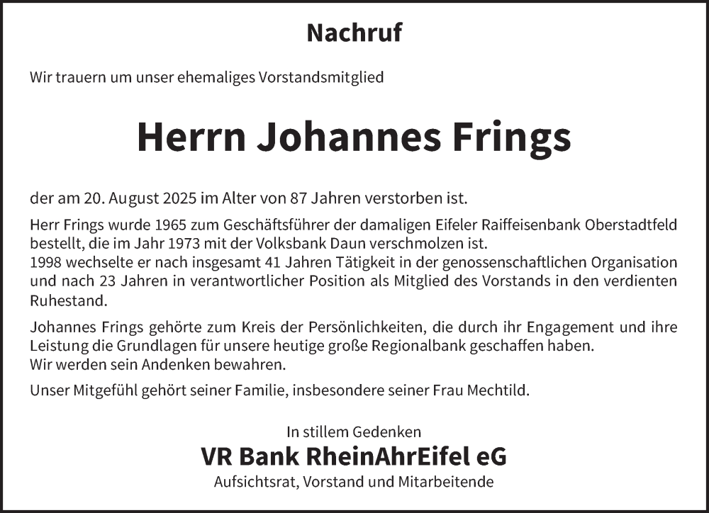  Traueranzeige für Johannes Frings vom 30.08.2025 aus trierischer_volksfreund