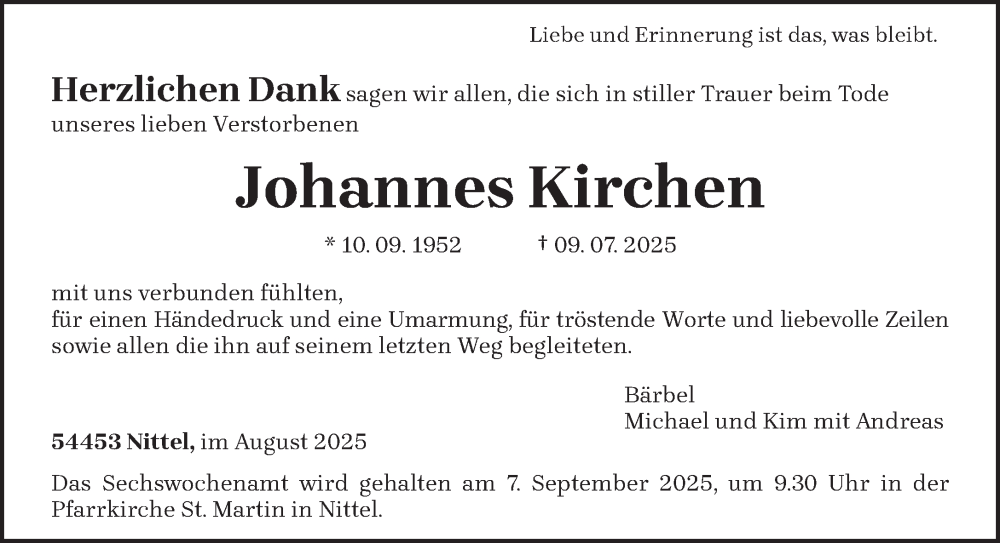 Traueranzeige für Johannes Kirchen vom 23.08.2025 aus trierischer_volksfreund
