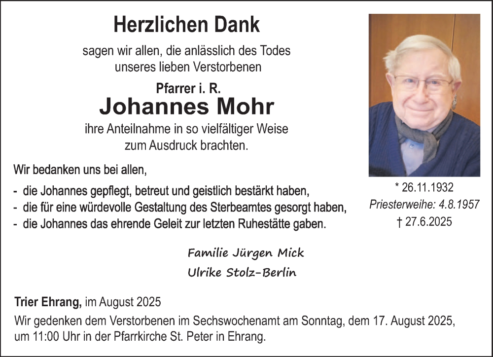  Traueranzeige für Johannes Mohr vom 09.08.2025 aus trierischer_volksfreund