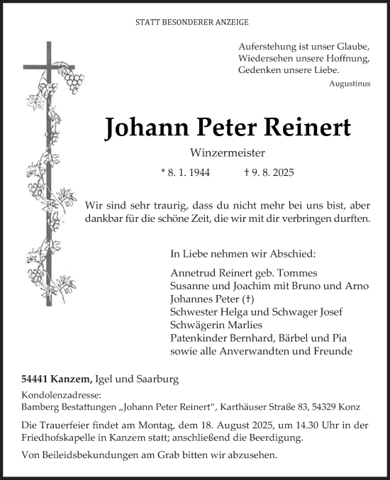 Traueranzeige von Johann Peter Reinert von trierischer_volksfreund