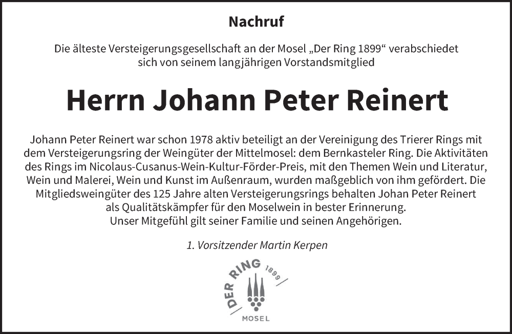  Traueranzeige für Johann Peter Reinert vom 16.08.2025 aus trierischer_volksfreund