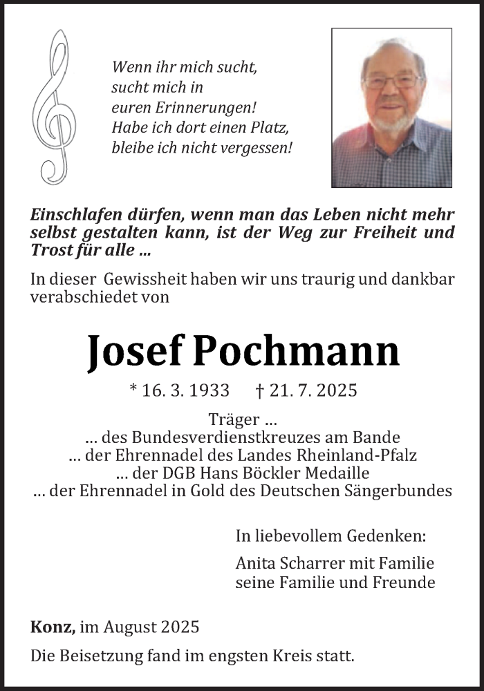  Traueranzeige für Josef Pochmann vom 04.08.2025 aus trierischer_volksfreund